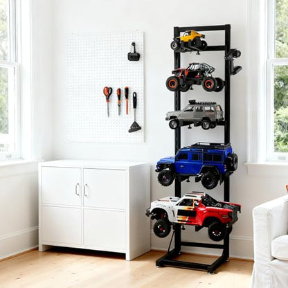 Multilayer Storage Rack Shelf Display Stand for RC Model Cars | Quick assembly, multi-scale fits for 1/8-1/24 TRX4 SCX10 TRX4M SCX24, expandable side holes for hanging RC tools - size: 13.78" x 15.16" x 60.24"