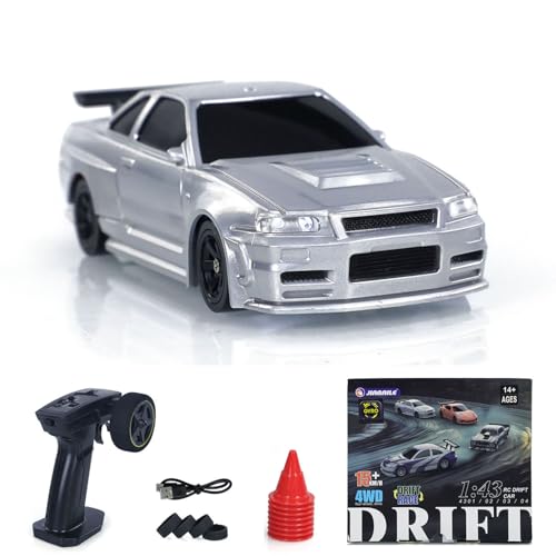 TOUCAN RC HOBBY Remote Control Race Car 1/43 RTR with Gyro RC Drift Car 4WD Traffic Cones for Indoor Outdoor (Silver) - color: Silver