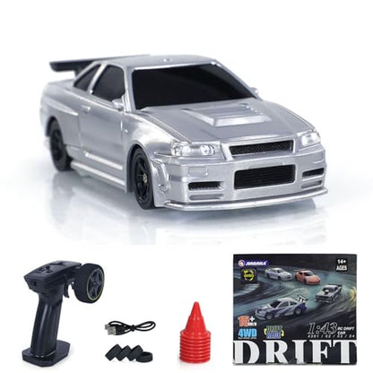 TOUCAN RC HOBBY Remote Control Race Car 1/43 RTR with Gyro RC Drift Car 4WD Traffic Cones for Indoor Outdoor (Silver) - color: Silver