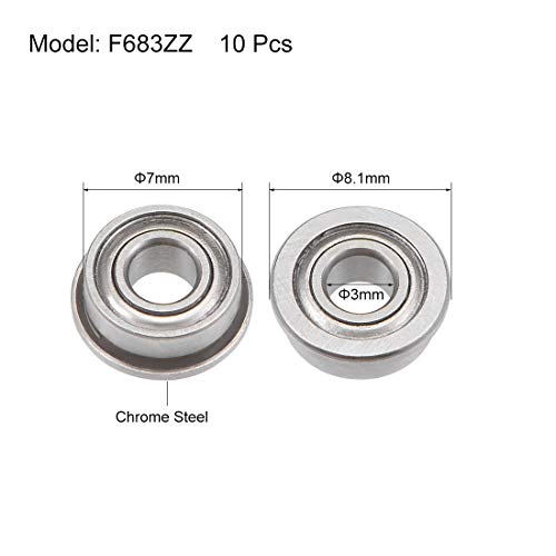 uxcell F683ZZ Flanged Ball Bearing 3x7x3mm Shielded Chrome Steel Flange Rip Bearings 10pcs - size: 3x7x3mm
