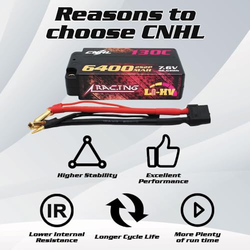 CNHL 6400mAh 2S Shorty Lipo Battery HV 7.6V 130C XT60 Hard Case (2 Packs) | Sustained voltage and chassis balance for 1/10 and 1/8 RC racing buggies, touring cars, crawlers, and long mains.