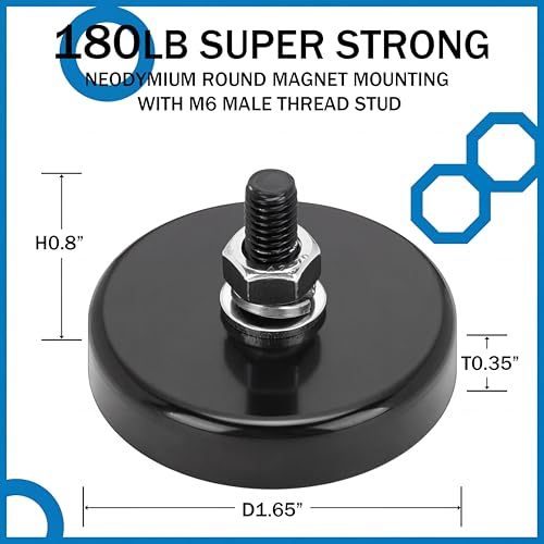 Flutesan 4 Pieces Heavy Duty Round Mounting Magnet with Bolt 1.65in-180lb-M6 Black with Male Thread Stud Strong Magnet Super Powerful for Lighting Camera Brackets License Plate - color: Black, size: 1.65in-180lb-m6