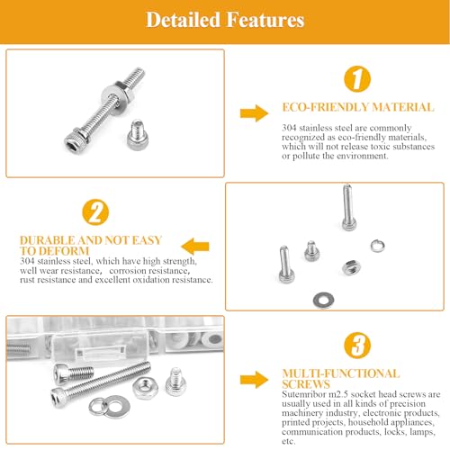 705 Pieces M2.5 Screws Nuts Washers Set, Sutemribor M2.5 x 4/6/8/10/12/16/20mm Hex Socket Head Cap Screws Nuts Washers Assortment Kit, 304 Stainless Steel, Fully Threaded - size: M2.5 Screws Kit, style: Socket Head