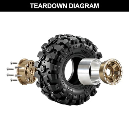 1.0" Beadlock Aluminum Wheels and 57mm Soft Rubber Tires | for SCX24, TRX4M, Ascent 18, FCX24, 1/18 1/24 RC Crawler, 7mm Hex, 0mm Offset, with Foam Inserts, (Black 3) - color: Bronze 3
