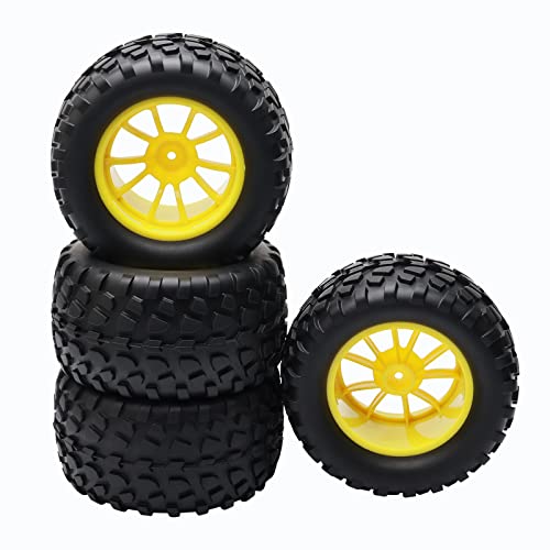4PCS RC Rubber Tire 12mm Hex Wheels 1/10 Scale Monster Truck Yellow | Gravel Tread, 5 Spokes Wheel Rim