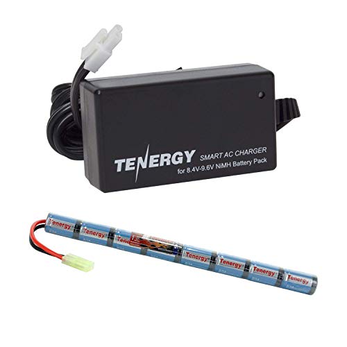 Tenergy Airsoft Battery 9.6V 1600mAh NiMH Stick Battery High Performance Stick Type Batteries w/Mini Tamiya Connector for Airsoft Gun + 8.4V-9.6V NiMH Battery Charger w/Mini Tamiya Connector - size: Battery Pack & Charger