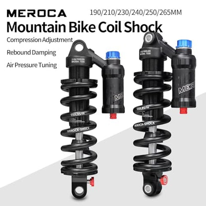 MEROCA Adjustable Air Spring Coil Over Shock Absorber for Mountain Bikes, 190-265mm, 550LBS Spring, Rebound, Compression, Preload, and Air Pressure (200-300 PSI) Fits MTB/Downhill/eBikes - size: 190mm*550lbs