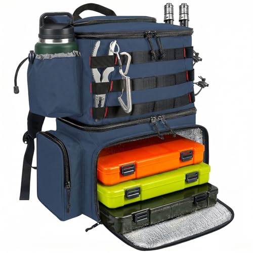 MATEIN Fishing Backpack, Tackle Storage Bag with Rod Holders & Cooler | Water Resistant Fishing Bag Fits 4 3600 Trays, Large Wide Open Tackle Box Backpack, Gifts for Fishermen - color: Blue - Large