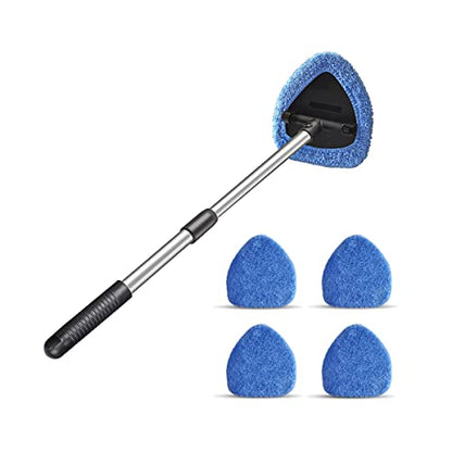 Moly Magnolia Windshield Cleaner Tool, 4 Pads, 19.29 Inch Reach, Blue | For sedans, SUVs, trucks, washable microfiber covers, 180° swivel head, aluminum shaft, PP grip, car interior accessories - color: Blue