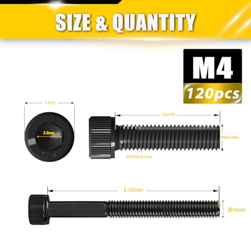 120pcs M4 x 30mm Screws, Hex Socket Head Cap Screws Bolts, 12.9 Grade Alloy Steel, Black Zinc Plated, Allen Socket Drive, Half-Threads, Machine Screws - size: M4*30mm 120pcs