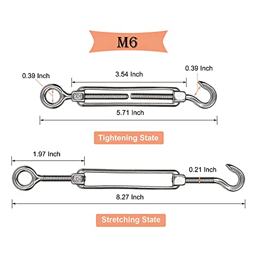 10Pack M6 Turnbuckle Hook and Eye, Stainless Steel Cables Wire Turnbuckles, Heavy Duty Turnbuckle for Wire Rope Tension, Cable Railing Hardware Kit for Sun Shade Sail, Tent Installation