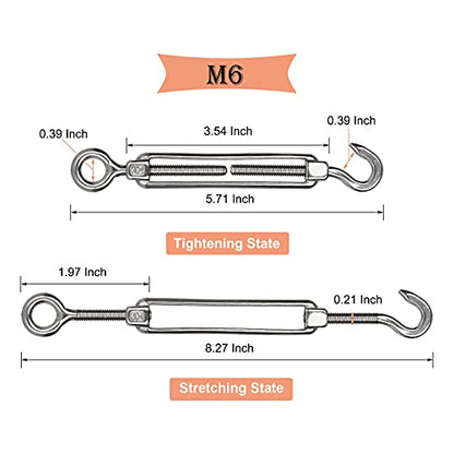 10Pack M6 Turnbuckle Hook and Eye, Stainless Steel Cables Wire Turnbuckles, Heavy Duty Turnbuckle for Wire Rope Tension, Cable Railing Hardware Kit for Sun Shade Sail, Tent Installation