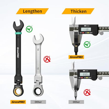 GRENPRO 23PC Flex Head Ratcheting Wrench Set SAE & Metric Combination Sets | 1/4"-3/4"&6-18mm Bolt Gauge, Electro-Coated 72-Tooth 180° Open End 12Pt, Color Rings, Roll Pouch for Auto&Home Repair - style: Flex Head Ratcheting Wrench Set with Color Ring (Me