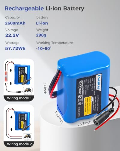 22.2V-24V 2.6Ah Lithium Battery, 22.2V-24V Rechargeable Li-ion Battery with Charger, Bare Leads Wire, Cable Connector for Kids Ride On Cars, DIY Project, Solar Panels, LED Light Strip, CCTV Camera