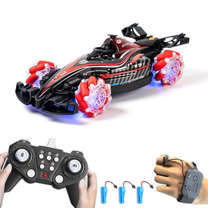 RC Stunt Car, Gesture Sensing Remote Control Car with Sound Lights and Spray, 2.4GHz 4WD 360° Rotating RC Cars with 3 Batteries for Teens (Red) - color: Red, size: 3 Batteries