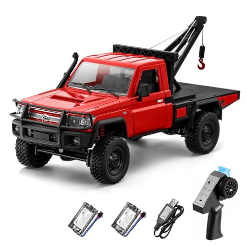 RC Truck with Crane, 1:12 Scale RC Crawler, MN-82T Remote Control Car, 2.4GHz 4WD All Terrain Off Road Pickup Truck Wrecker Vehicle with Lights for Adults (Red) - color: Red
