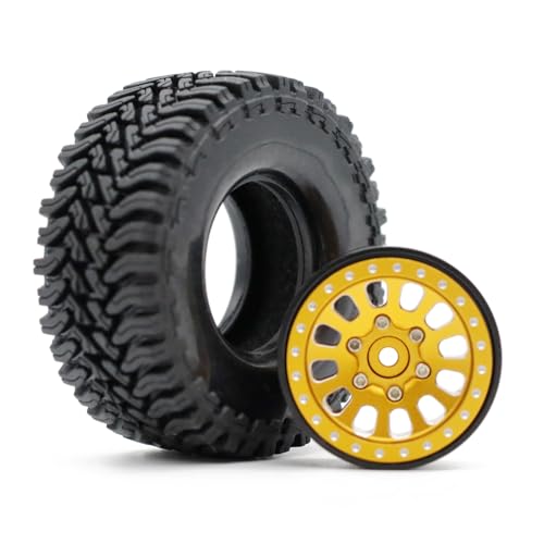 1.3” Brass Beadlock Wheels & All-Terrain Tires Set for 1/18 1/24 RC Crawler TRX4M, Axial SCX24 / AX24, Redcat Ascent-18, FMS FCX24, -5.40mm Offset, 7mm Hex, 4 pcs, Gold - color: Gold