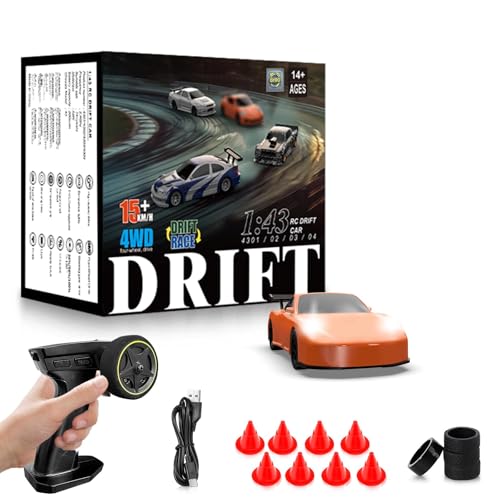 RC Drift car, 1/43 Mini Rc Drift car with Gyroscope, 2.4GHz Full Proportional Remote control Cars, 4WD High Speed Racing with Lights, Racing Tires, Model Cars Gift for Adults, Kids, Boys, Girls - color: Orange