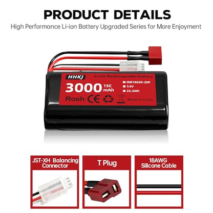 2PCS 7.4V 3000mAh 15C 2S T Plug Rechargeable Li-ion Battery with 1 to 2 Charger for 4WD High Speed RC Car and Most 1/12, 1/16, 1/18 Scale RC Car,Truck RC Ship Engineering Vehicle Backup Battery
