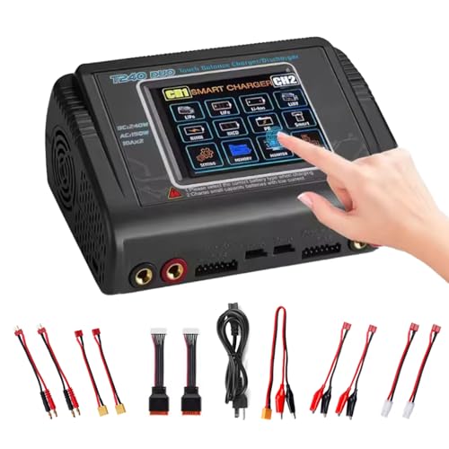 T240 Battery Charger Discharger for LiPo/LiHV/Life/NiMH/NiCd, 3.2’’ Large Touchscreen & Dual Port Available, AC/DC Input & 0.1-10A Adjustable Current