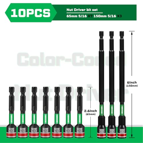 Impact Nut Driver Set, 10 Pieces 2.56”6”Long 5/16”6 Point Alloy Steel Magnetic SAE Nut Setter Set Use For Require Installing 1/4 Hex Shank Impact Driver with Case Box - size: 2.56"/6", style: 5/16"-10pcs