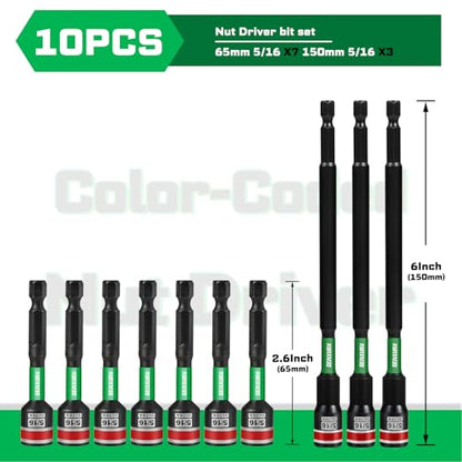 Impact Nut Driver Set, 10 Pieces 2.56”6”Long 5/16”6 Point Alloy Steel Magnetic SAE Nut Setter Set Use For Require Installing 1/4 Hex Shank Impact Driver with Case Box - size: 2.56"/6", style: 5/16"-10pcs