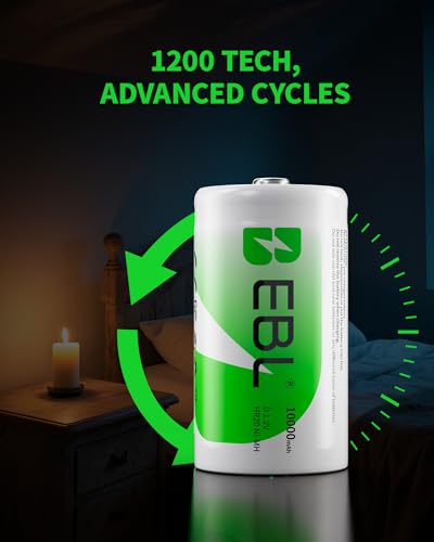 EBL D Cell Batteries 10,000mAh Ultra Pro Ni-MH Rechargeable D Batteries, 4-Pack | 10000mAh Ni-MH compatiable with Flashlights, Radios, Portable Speakers, Mercury-Free, 1200 Cycles