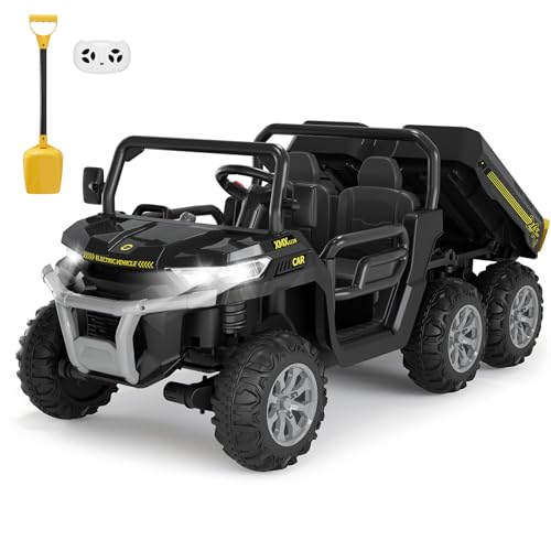 Hetoy 24V 2-Seater Ride On Dump Truck with Parent Remote Control, 4WD 6-Wheel Electric Car for Big Kids, UTV Style Dump Bed & Music Horn, ASTM/CPSIA Certified (Ages 3+) - color: Black