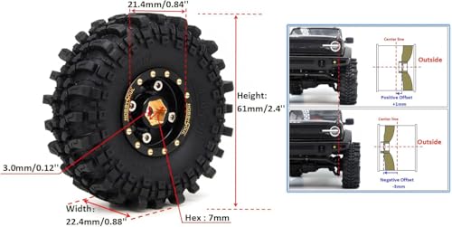 Brass 1.0 beadlock Wheels and Tires, 61mm Tall Tyre and Adjustable Offset 1'' Rims for RC Mud Crawler 1/18 TRX4M 1/24 SCX24 Upgrades, HS701454 - color: Black