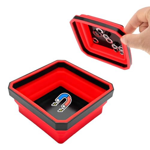 Collapsible Magnetic Parts Tray, 4.5 Inch Foldable Silicone Bowls with Double-Sided Magnetic Base, Parts Tray Organizer for Bolts Nuts Washers Pins Screws, Car Accessories (Red) - color: Red