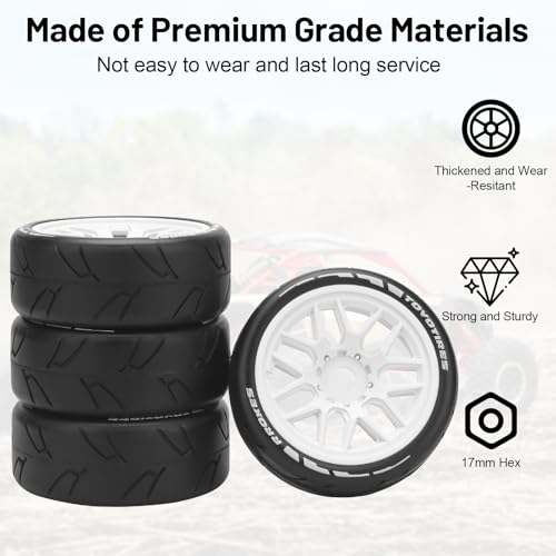 1/8 RC On Road Car Tires and Wheels, daitoku 17mm Hex RC Rally Racing Tires for HPI WR8 HSP Hobao ARRMA Redcat Losi Kyosho VRX (White)