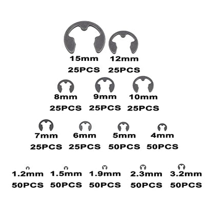 525PCS 14 Kinds Metric E-Clips Side-Mount External Retaining Rings Assortment Kit,1.2mm to 15mm Nominal Diameter,Black Phosphate Finish