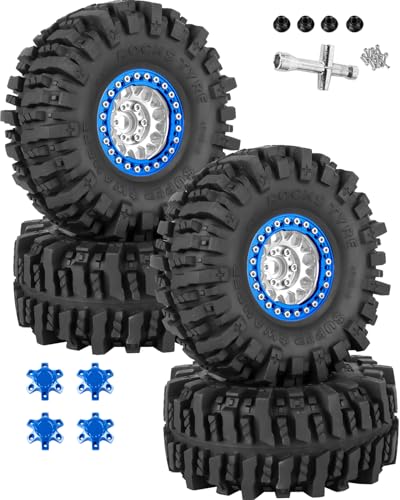 RC 1.9 Beadlock Wheels 1.9 Beadlock Tires for 1/10 SCX10 90046 AX103007 TRX4 TRX6 D90 VS4-10 MST CFX Gen8 7 RC Crawler,Alloy Aluminium rc Wheel Rim w/Rings & Rubber Tires,Silver w/Navy Blue - color: Silver(4pcs)