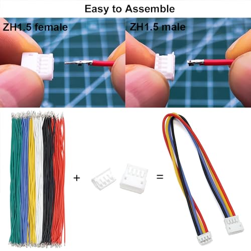 ZH 1.5MM Male Female Connectors and 28AWG Pre-Crimped Silicone Cables kit, ZH1.5 Connector Socket 2/3/4/5/6 Pin Housing JST Adapter Cable Connector with Length of 160mm (6.3inch) Wire Cable