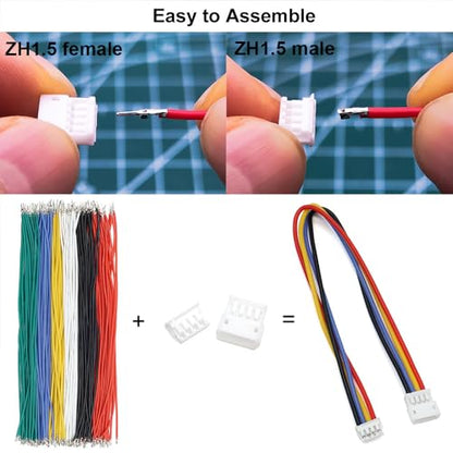 ZH 1.5MM Male Female Connectors and 28AWG Pre-Crimped Silicone Cables kit, ZH1.5 Connector Socket 2/3/4/5/6 Pin Housing JST Adapter Cable Connector with Length of 160mm (6.3inch) Wire Cable
