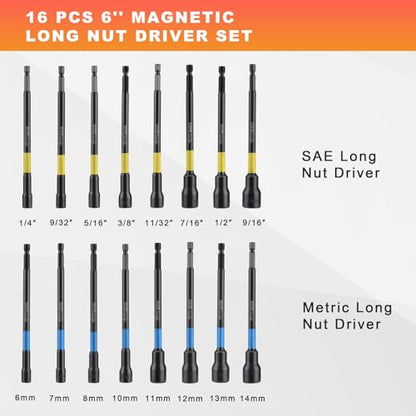 AEROFORCE 16PCS Magnetic Nut Driver Set for Impact Drill, 6 Inch Extra Long Nut Drivers with Sturdy Tool Box, SAE/Metric 1/4" Hex Shank Socket Set for Drill, DIY and Repair Car - size: 16PCS Long Magnetic Nut Driver Set