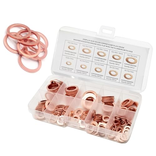 200 PCS Assorted Sizes Copper Washer Kit, Solid Metric Crush Washers for Oil Drain Plug & Banjo Bolt Seal, Universal Gasket Set for Cars, Trucks, Motorcycles, ATVs