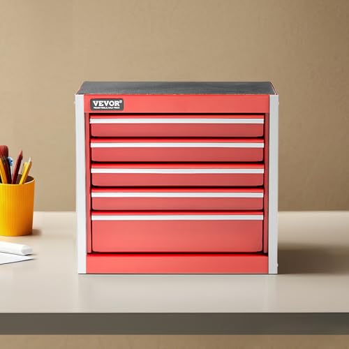 VEVOR Metal Tool Box, 8.6-inch, Portable Metal Tool Box with 5 Drawers, Small Tool Chest with EVA Liners and PP Feet Pads, Heavy-Duty Steel With Ball Bearing Opening and Powder Coated Finish, Red - size: 5 Drawers-Red