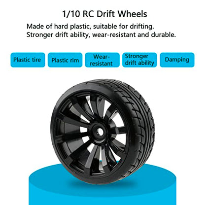 4pcs 1/10 RC Drift Wheels 12mm Hex | For HSP Redcat HPI Tamiya 3RACING Kyosho Traxxas Wltoys MST Exceed RC, Includes Tires, With 8pcs Flange Lock Nuts - color: Black