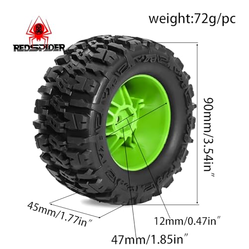 REDSPIDER 1/14 RC Monster Truck Wheel Rim Tires (4pcs) Hex 12mm OD 3.54'' for 1/12 1/14 1/16 RC Off Road Monster Truck TRX E-REVO Summit HPI SAVAGEGT-2XS REDCAT Volcano-16 (Green) - color: Green