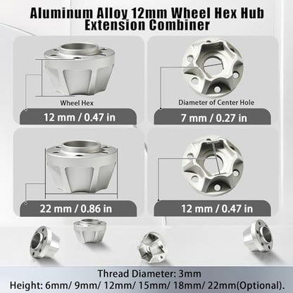 RC 12mm Metal Wheel Hex Hubs Extension Combiner Compatible with 1.9/2.2inchBeadlock Wheel Rim Axial SCX10 Traxxas TRX4 Wraith Gen7 Gen8 D90 CC01 1/10 RC Crawler, 4 Pcs - color: Silver, size: 12mm
