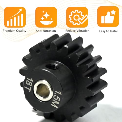 M1.5 18T Pinion Gear 8mm Bore with 8mm to 5mm Shaft Adapter Sleeve, Chromium Steel Motor Gear with Set Screw & Hex Key for Traxxas ARRMA Losi 1/5 1/8 RC Cars - size: 18T