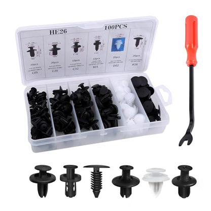 100 PCS Car Bumper Retainer Clips, 6 Sizes Bumper Push Fasteners Rivet Clip Kit with Removal Tool, Auto Door Panel Push Pin, Body Trim Fixed Clip, Universal for Most Cars, Trucks, SUVs