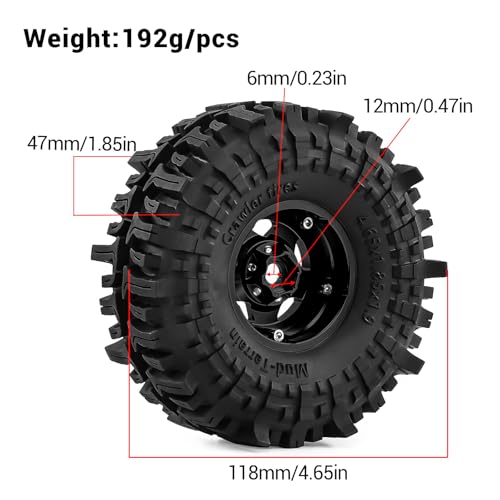 1.9" Pre-Assembled Beadlock Wheels and Tires 118mm (4.65in) for SCX10 TRX4 1/10 RC Crawlers – Aluminum Rims, Soft Rubber Tires with Foam Inserts, Easy-Install Upgrade Parts (Black) - color: Black