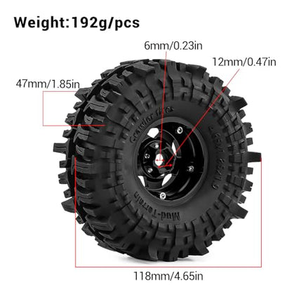 1.9" Pre-Assembled Beadlock Wheels and Tires 118mm (4.65in) for SCX10 TRX4 1/10 RC Crawlers – Aluminum Rims, Soft Rubber Tires with Foam Inserts, Easy-Install Upgrade Parts (Black) - color: Black