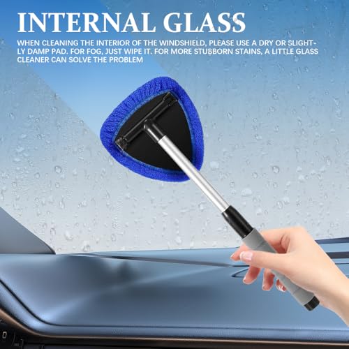 19" Extra-Long Windshield Cleaner Tool & Car Interior Detailing Kit | Extendable Handle and 4 Reusable Microfiber Pads, Streak & Lint-free, Auto Glass Wiper Brush for Car & Home - color: Blue