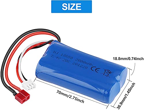 2S Li-ion Battery 7.4V 2000mAh 20C T Plug Female Connector Rechargeable Battery with USB Battery Charger for RC Car Off Road Truck Jumper T16 Transmitter etc