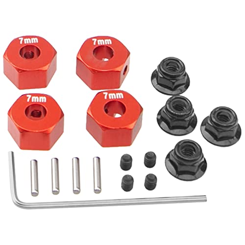 Metal 12mm Hex Wheel Hubs 7mm Thick Drive Adapters with Flanged Lock Nuts Compatible with Traxxas 1/10 4WD Rustler Slash Stampede RC Car，Replace Part 1654 (Red) - color: Red