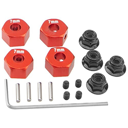 Metal 12mm Hex Wheel Hubs 7mm Thick Drive Adapters with Flanged Lock Nuts Compatible with Traxxas 1/10 4WD Rustler Slash Stampede RC Car，Replace Part 1654 (Red) - color: Red