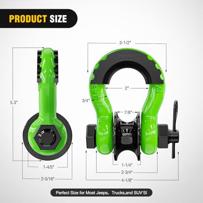 Nilight 3/4" D-Ring Shackle with Snatch Block, Heavy Duty Recovery Set | 9,500 lbs WLL Winch Pulley, Fits Synthetic Rope & Steel Cable, Truck Jeep ATV UTV, 2Pcs Kit Green - color: Green 3/4" w/Towing Pulley 2 Pack, size: Shackle